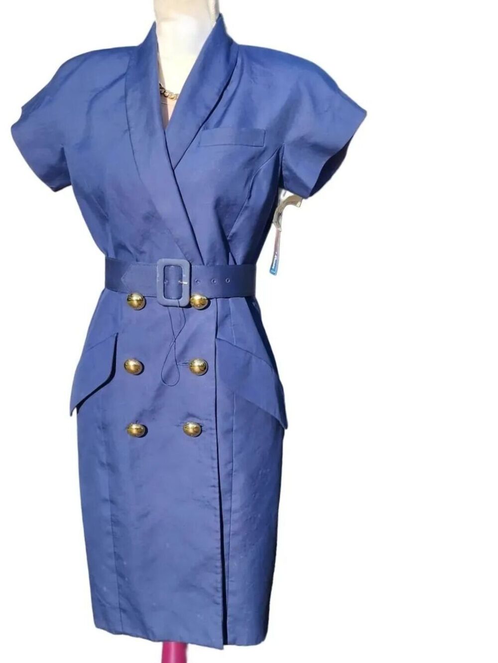Bill Blass Vintage 80s Navy Blue Double Breasted Trench Dress Belted 8